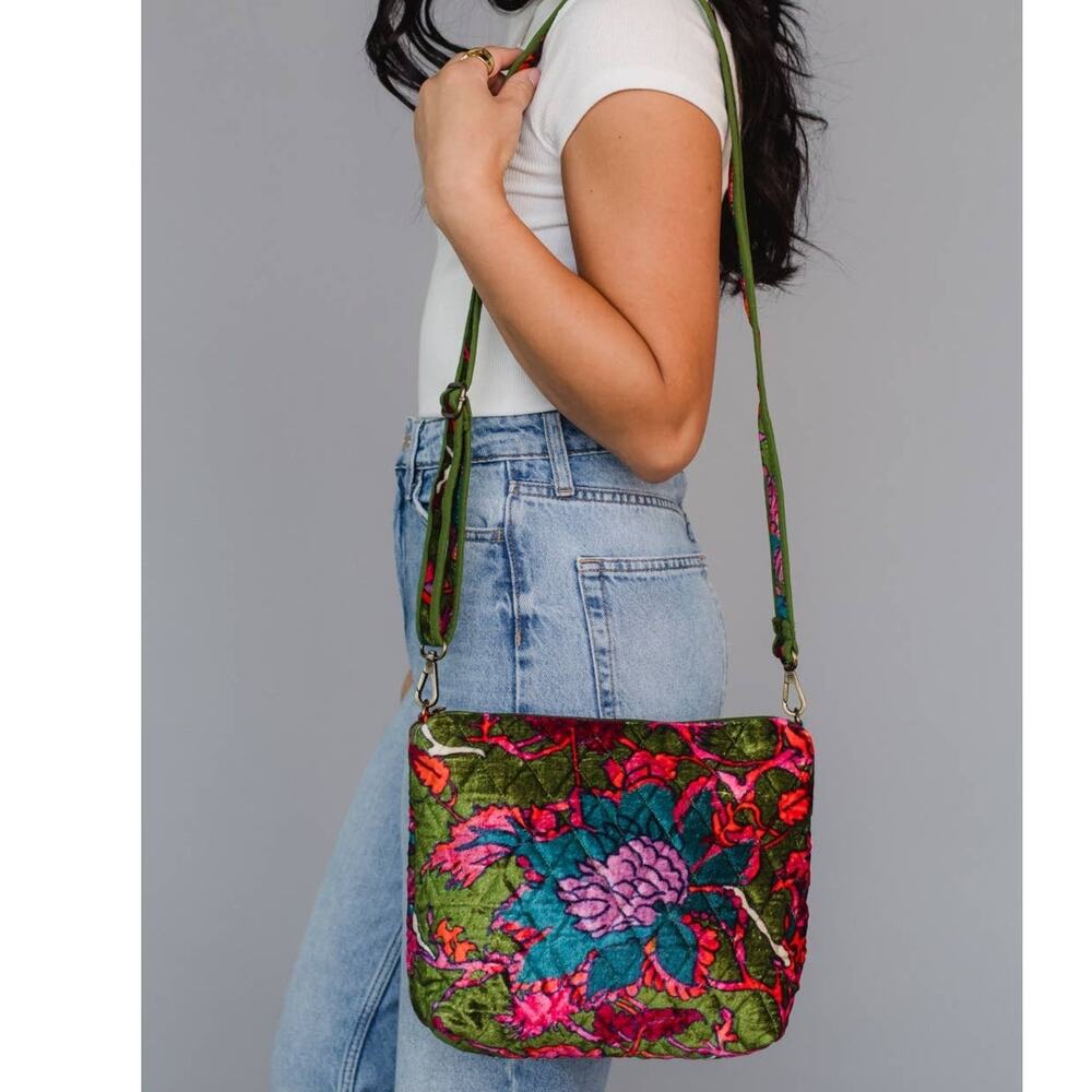 Olive & Multicolored Velvet Floral Crossbody Bag